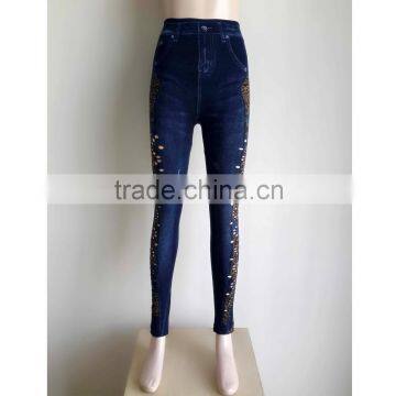 Fashion Printed Denim Cotton Fabric Jegins Slimming Tight Ladies Mesh Jeans Leggings