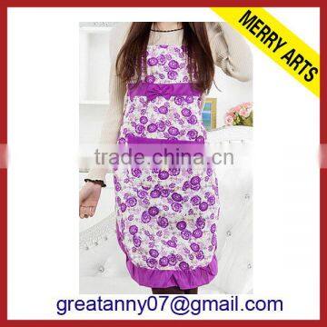 yiwu factory customized purple flower design fancy kitchen plastic aprons for adults girls