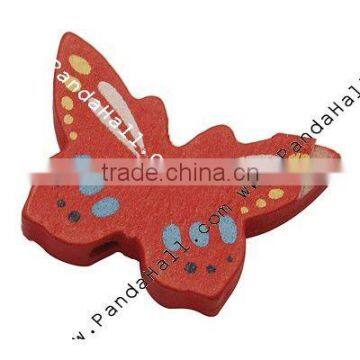 Wood Beads, Lead Free, Butterfly, Red, Size: about 25X17X4.5mm, hole: 2mm(WOOD-17X25-1)