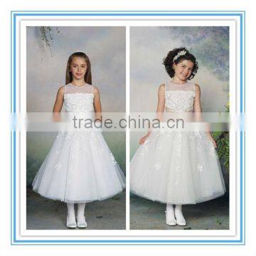 Sleeveless Satin Tulle Lace Waistband Ruched BodiceFlower Girl Dress(FLMO-3073)