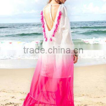 SheIn Women Fashion Long Sleeve Ombre Tie Tassel V Back Maxi Dress