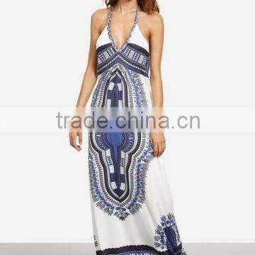 Dresses latest women girl design fashion photos Multicolor Print Halter Self-Tie Backless Maxi Dress