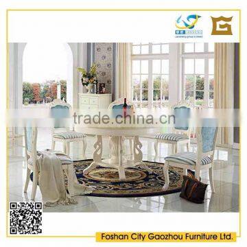 European style marble round pedestal dining table with white wooden chair for dining room furniture