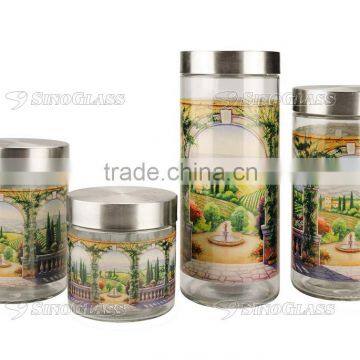 SINOGLASS 4 pcs glass storage canister jar set with TUSCAN VILLA decal