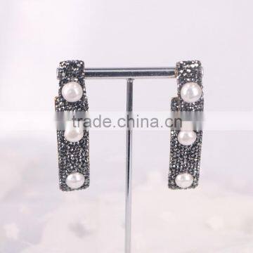 Curved Bar Design Earrings Studs, Setting Freshwater Pearl and Crystal Gemstone Druzy Earring