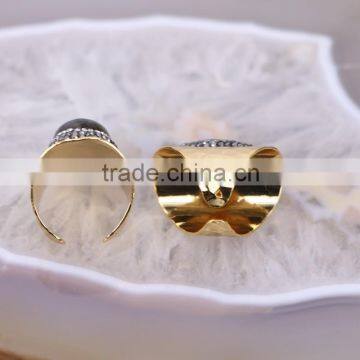 Natural Labradorite Stone Ring, Metal Gold Plated Ring, Pave Setting Crystal Jewelry Finger Gold Plated Druzy Ring