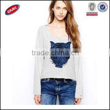 New Design Breathable Cotton Scooped Neck Dropped Shoulder Printed Tiger on the Chest Ladies Pullover Hoodies