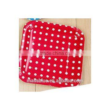 Red color square shape paper plate with white color dot