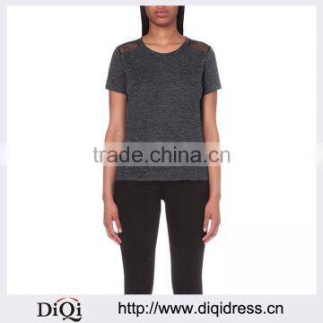 Wholesale Women Round Neck Short Sleeves Polka Dot Sheer Panel Linen T-shirt(DQE0153T)