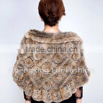 CX-B-21D Hot Selling Genuine Rex Rabbit Fur Knitted Shawl Knit Poncho photo-3