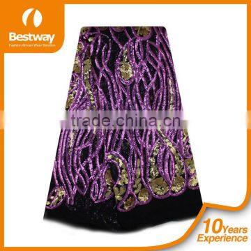 Bestwaytex FL0049 In Royal Blue Color French Cord Lace Silk Chiffon Fabric With Shiny Sequins photo-4