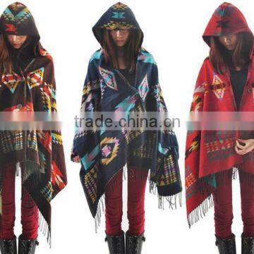 women aztec texture knitting pattern hooded ponchos with tassels fringe