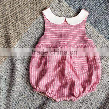 New Arrivals Linen Stripe Newborn Baby Clothing Summer Romper With Pockets