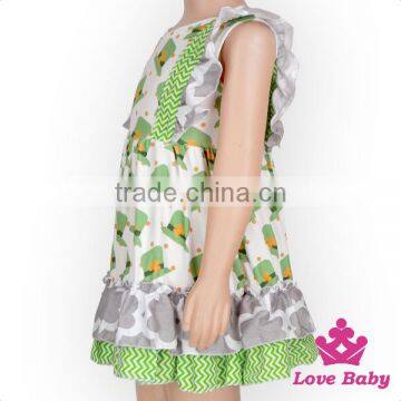 Spring St.Patricks Day Clothes Green Color Flutter Sleeve Ruffle Design Baby Girl Short Puffy Dress