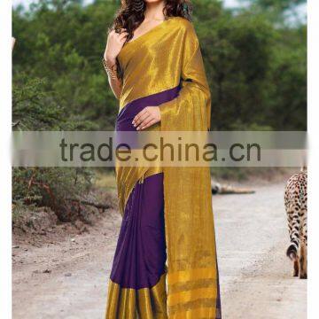 Entracing Violet & Golden Color Combination Royal Drapes Cotton Blends Designer Sarees