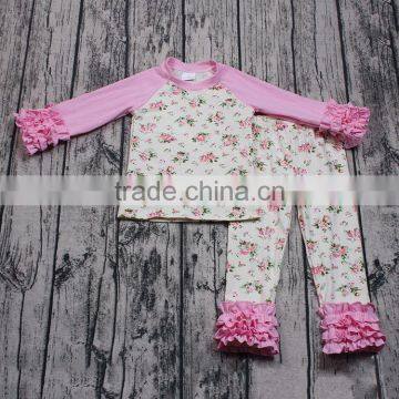 Yawoo promoted pink sleeve floral patterns ruffle clothing set children clothing sets kids