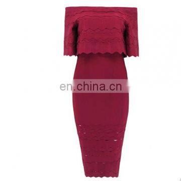 2017 new collection wine red off shoulder tight midi evening dress