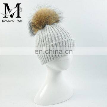 2016 High Quality Winter Hat With Raccoon Fur Ball Pompom On Top Funny Baby Beanie Hat