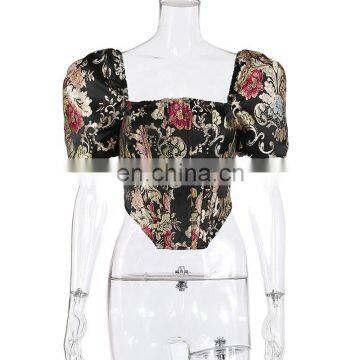 TWOTWINSTYLE Elegant Print Blouses Women Square Collar Puff Short Sleeve Tunic Hit Color Slim