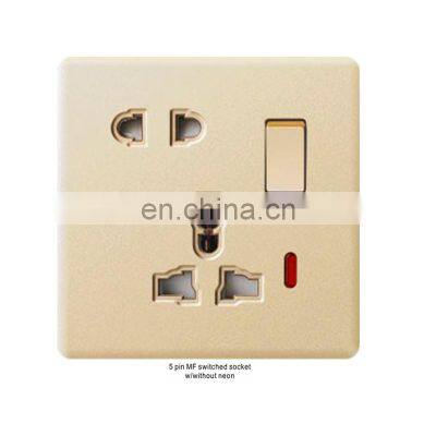 New design golden flame retardant PC panel 5-pin IF switch socket with/without neon light electrical wall switch socket panel