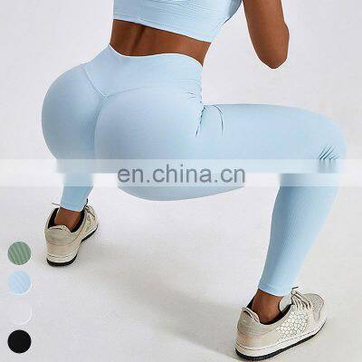 Custom Ladies Running Quick Dry Tights Yoga Pants Gym Fitness Legging Butt Lift V Cross Waist Ribbed Yoga Leggings For Women