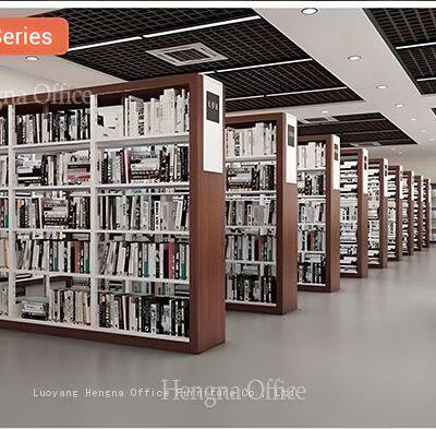 Double-Sided Library Bookshelf 5-Tier Metal Frame With Wooden Side Panels for Office School Storage photo-3