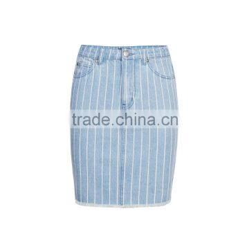 Fashion Classic Stretch Elegant Blue Vertical Stripes Midi Denim Pencil Skirt for Lady