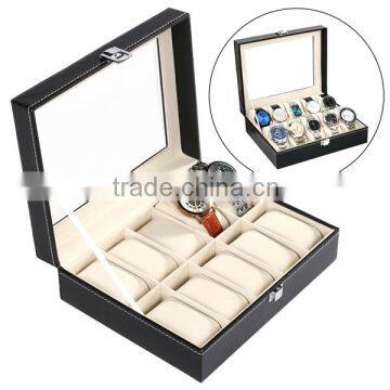 New HOMDOX Synthetic Leather Glass Window 10 Slots Watch Storage Display Box Jewelry Case Black OS004749