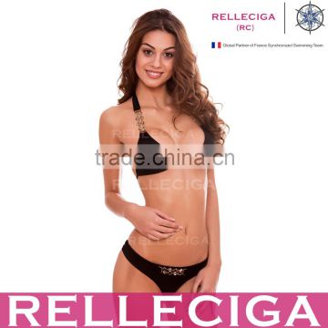 2016 RELLECIGA Black Triangle Top with Shiny Crystal Jewel Goldtone Metal on Straps and Bottom Front Bikini