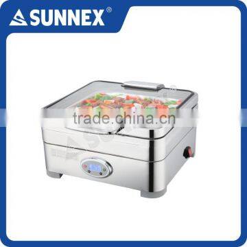 SUNNEX 2016 New Design High Polished Stainless Steel Rectangular 9Ltr. Big Opening Glass Lid Electric Buffet Chafer