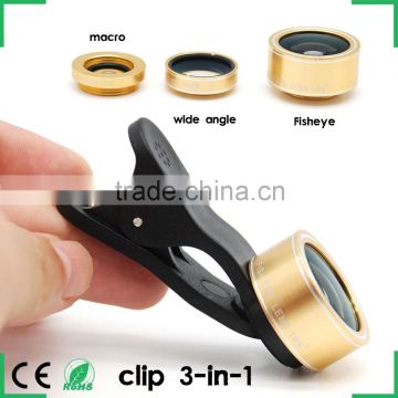 cellphone camera lens with universal clip 3in1 wide-angle/macro/super fisheye lens for iphone ipad htc lg xiaomi samsung