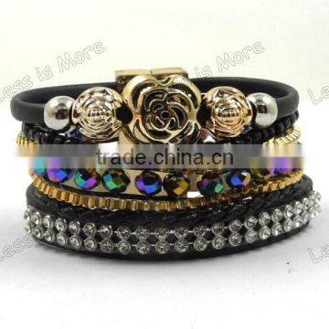 Four wraps crystal bead bracelet bangle with magnetic locker