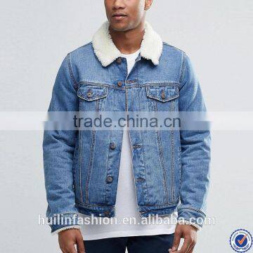 wholesale denim jackets button placket washed mens denim jacket with lamb wool collar