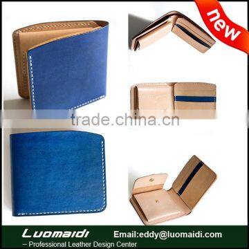 Vegetable tanned leather men wallet , fashion blue bifold wallet with coin pocket for man from China Guangzhou manufacture