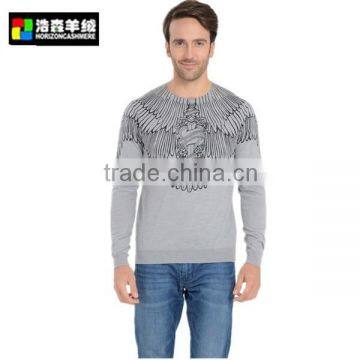 Men Delicate Print Pure Cashmere Pullover Sweater, Plain White Round Neck Sweater