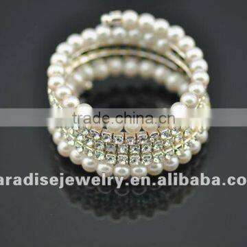 5 row pearl and rhinestone graduated wraparound coil bracelet-BRW060404