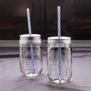 460ml glass canning jars with plastic straw & lips emboss glass cup