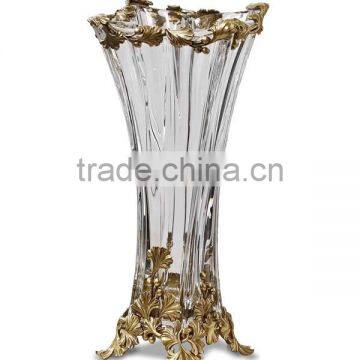 Hand Engraved Double Hourse Footed Bronze Mounted Vase, Ornate Crackle Crystal Flower Vase With Brass Base photo-3