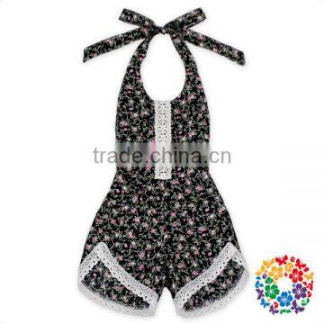 Eco-friendly Cotton Black Yellow Lace Sunflowers Halter Bubble Rompers photo-5