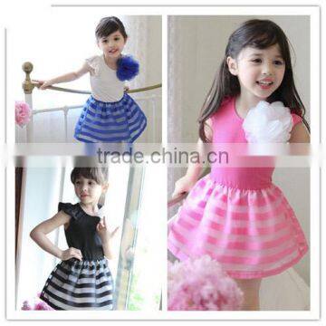 2015 summer girls dress girls cute princess stripe dress 3D flower boutique party costume children clothes dress for girl