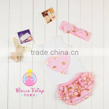 2016 china product and wholesale and factory price baby pompom body suit with headband and top and bloomer 3 piece for kids