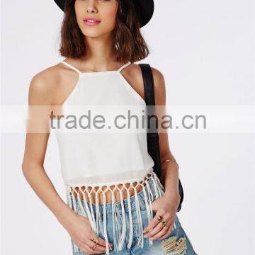 Fringed Plain White Spaghetti Strap Cami Crop Top Plain Wholesale Cheap photo-4