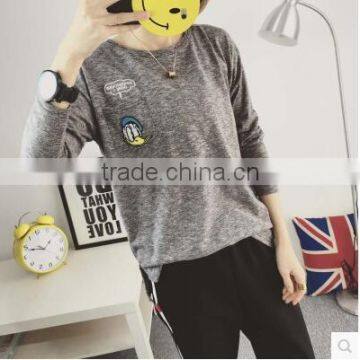 Cartoon embroidery pocket spring dress loose cotton long sleeve T-shirt