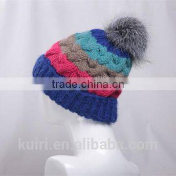 Winter Warm Knit Cap Thick Stick Knitting Mixed Color Winter Hats for Women Beanies With Fox Fur Poms photo-5