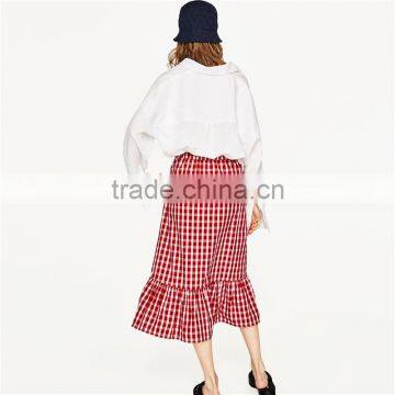 2017 NewestFront Button Fastening Red Plaid Skirt With Frill Detail photo-2