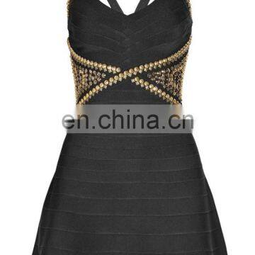Wholesale Fashion Women Sexy Bandage Dress With Flared Skirt Black Stretch Embellished Cheap Rayon Bandage Dress photo-2