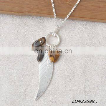 Metal Silver Leaf Necklace, Mom Necklace Perfect for Spring, Natural Stone Pendant Long Leaf Jewelry