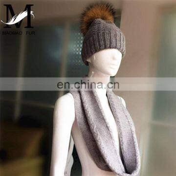 Wholesale Knitted Wool Cashmere Scarves Raccoon Fur Pom Hat Scarf Combination photo-3