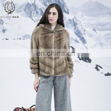 Sophisticated Mink Coat For Women Genuine Mink Fur Jacket With Cap Warm Thick Mink Overcoat