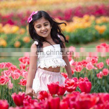 GIRL Sweet Summer Outfit Baby White Lace Ruffle Tops & Striped BLOOMERS 2pcs Sets photo-3